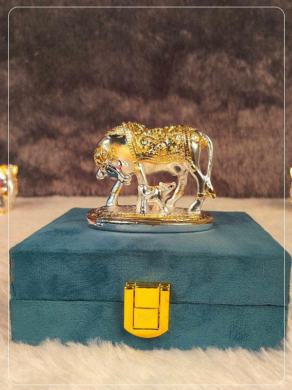 Silver Plated Kamdhenu Cow and Calf Statue