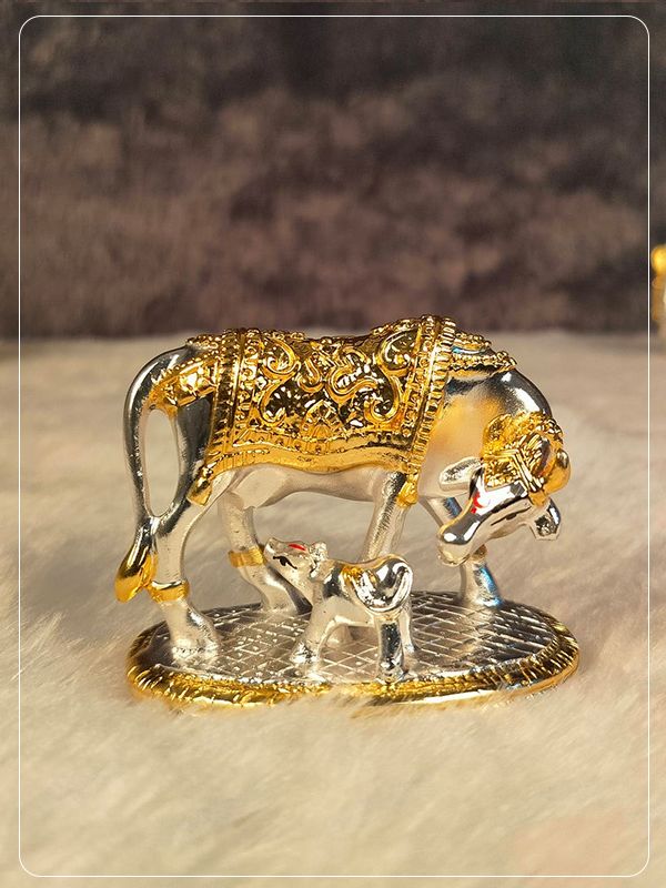 Silver Plated Kamdhenu Cow and Calf Statue