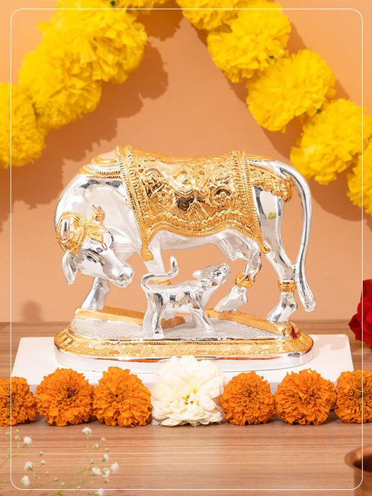 Silver Plated Kamdhenu Cow and Calf Statue