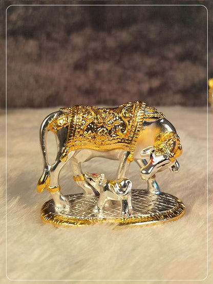Silver Plated Kamdhenu Cow and Calf Statue