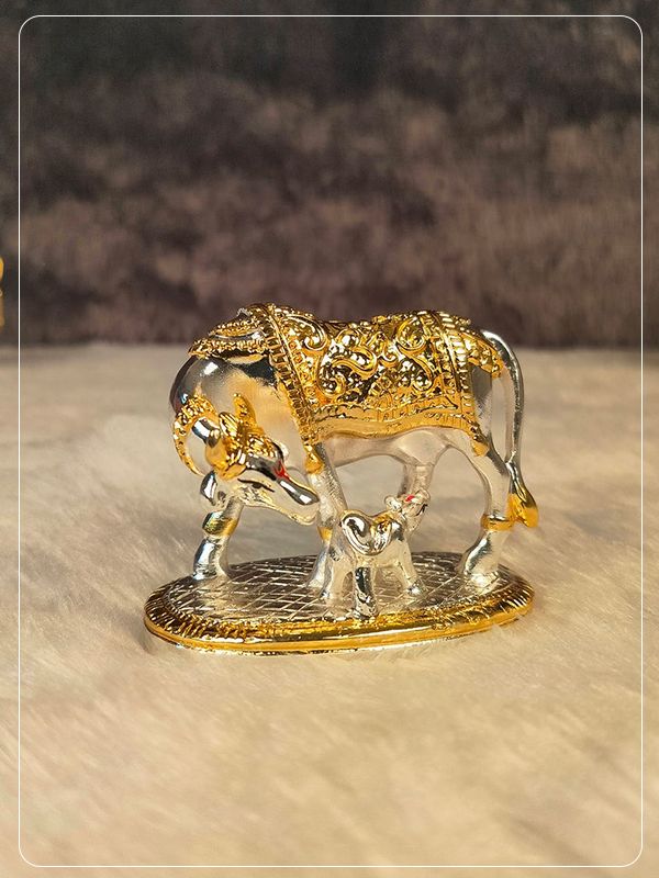Silver Plated Kamdhenu Cow and Calf Statue